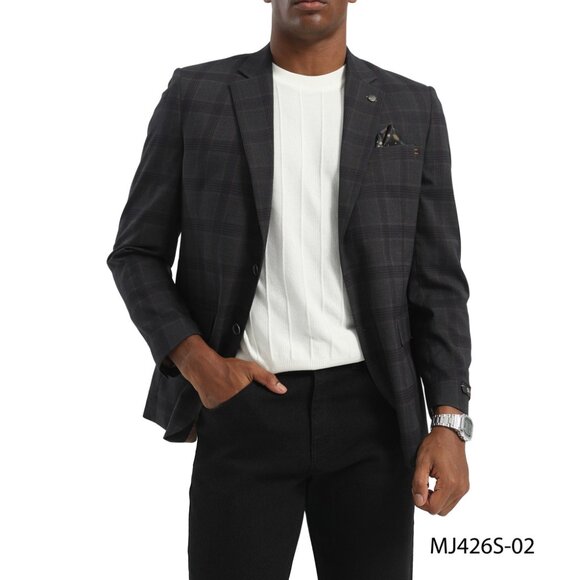 Charcoal Windowpane Check Notch Lapel Slim Fit Tazzio Men's Jacket - Picture 3 of 4